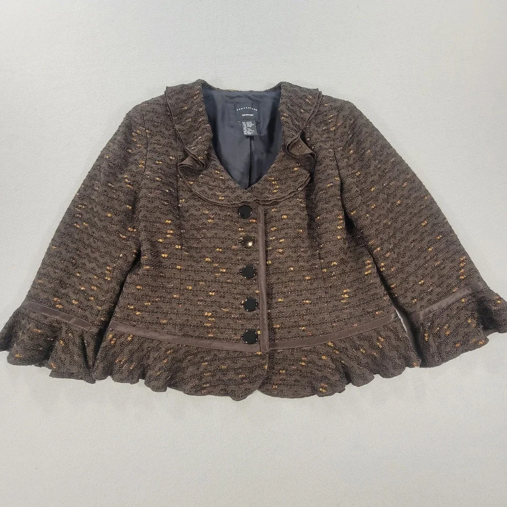 Doncaster Brown Tweed Skirt Suit Metallic Ruffle Silk Trim 2 Piece Women's 10